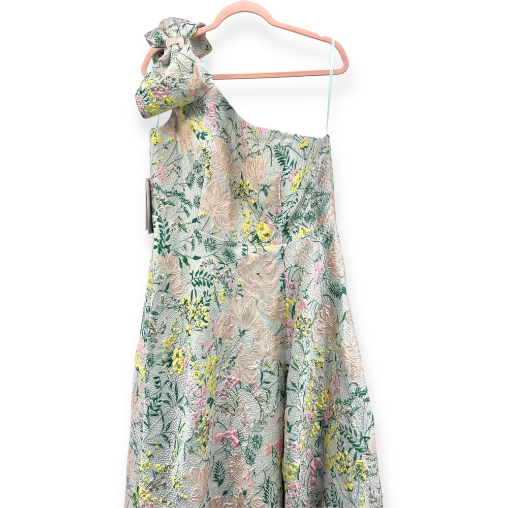 Mac Duggal One-Shoulder Floral Gown in Pastel Green and Pink - Picture 5 of 16